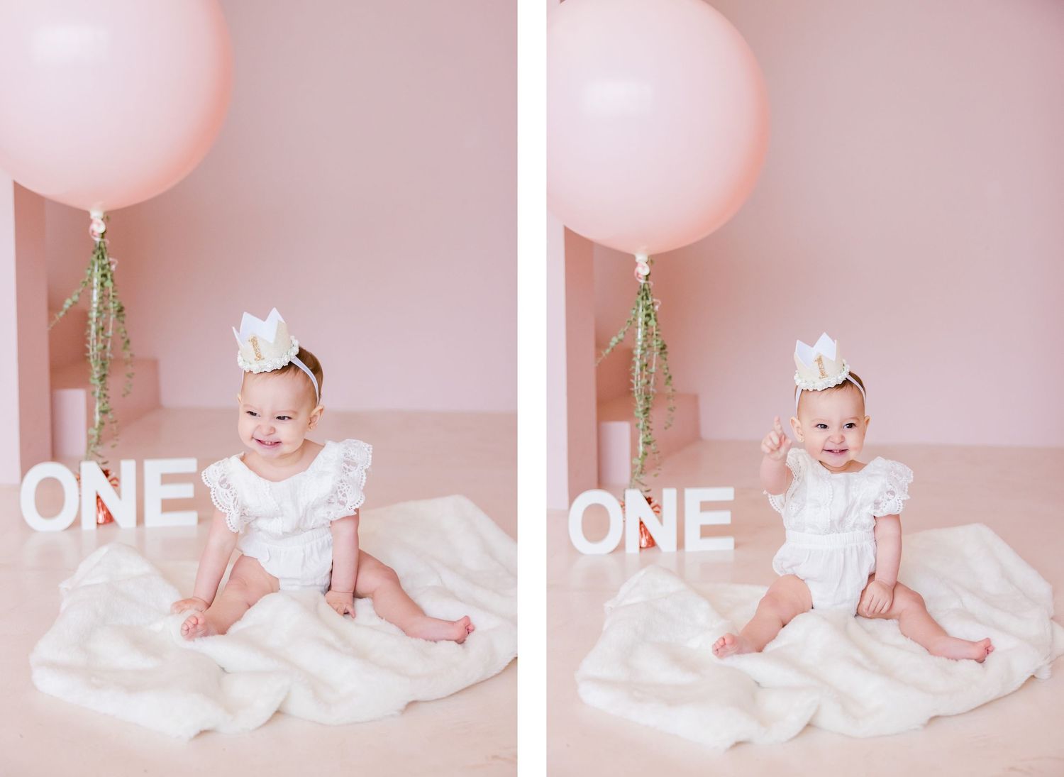 Side-by-side first birthday photos with identical pink and white themed setups.