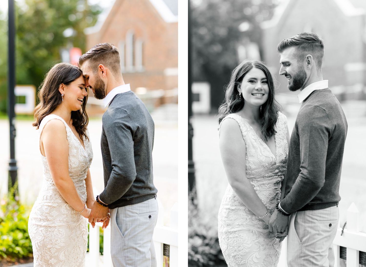 Elegant couple in formal attire sharing intimate moment outdoors in color and black-and-white.
