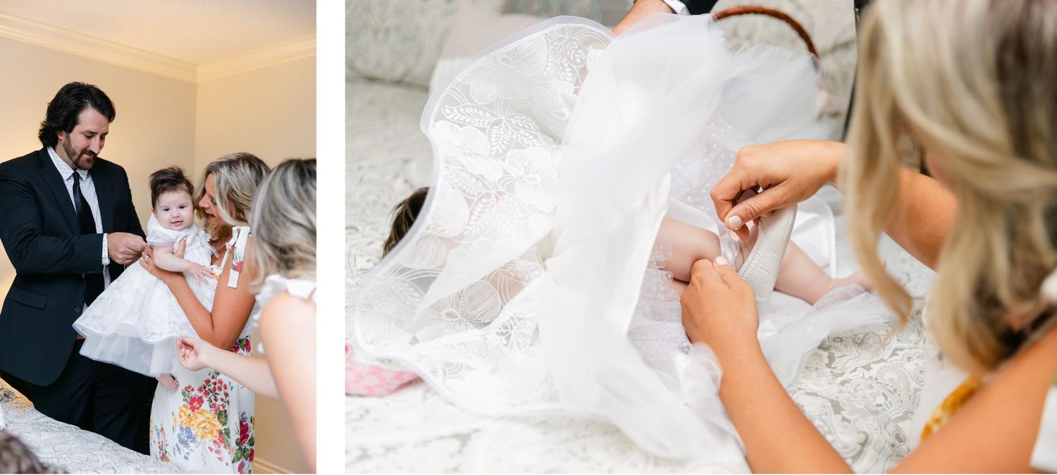 A collection of sweet moments during a baby ceremony shown in two side-by-side photos.