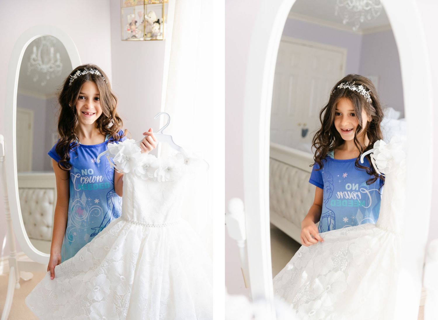 Mirror reflection shows a blue t-shirt contrasting with white wedding dress in bright room.