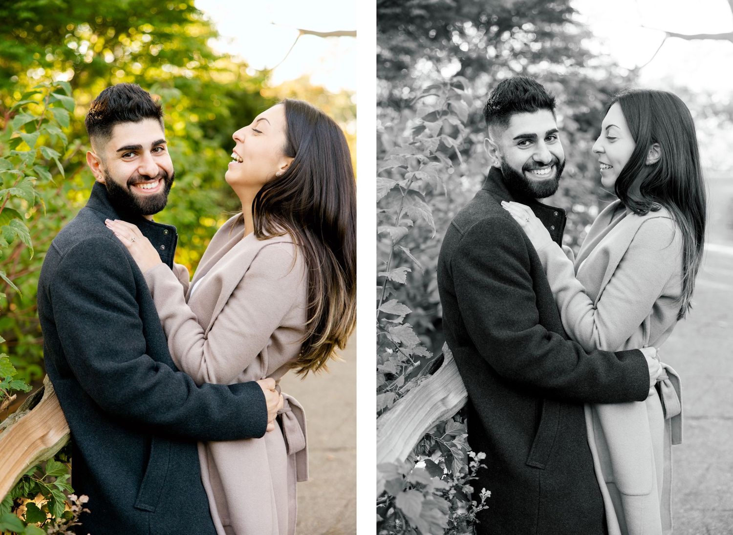 Joyful couple embracing and laughing together in a garden setting with color and black-white versions.