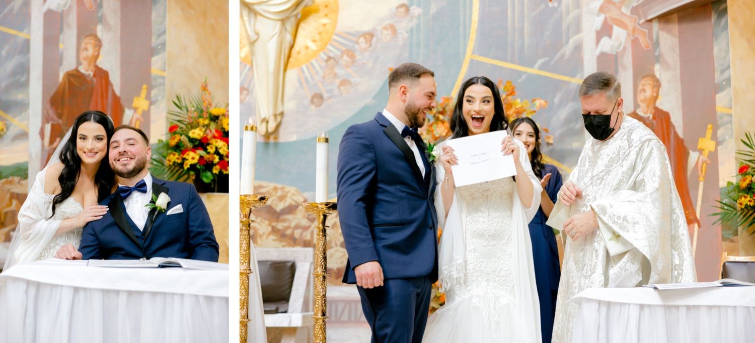 Split image shows couple signing marriage documents and celebrating with clergy at church altar.