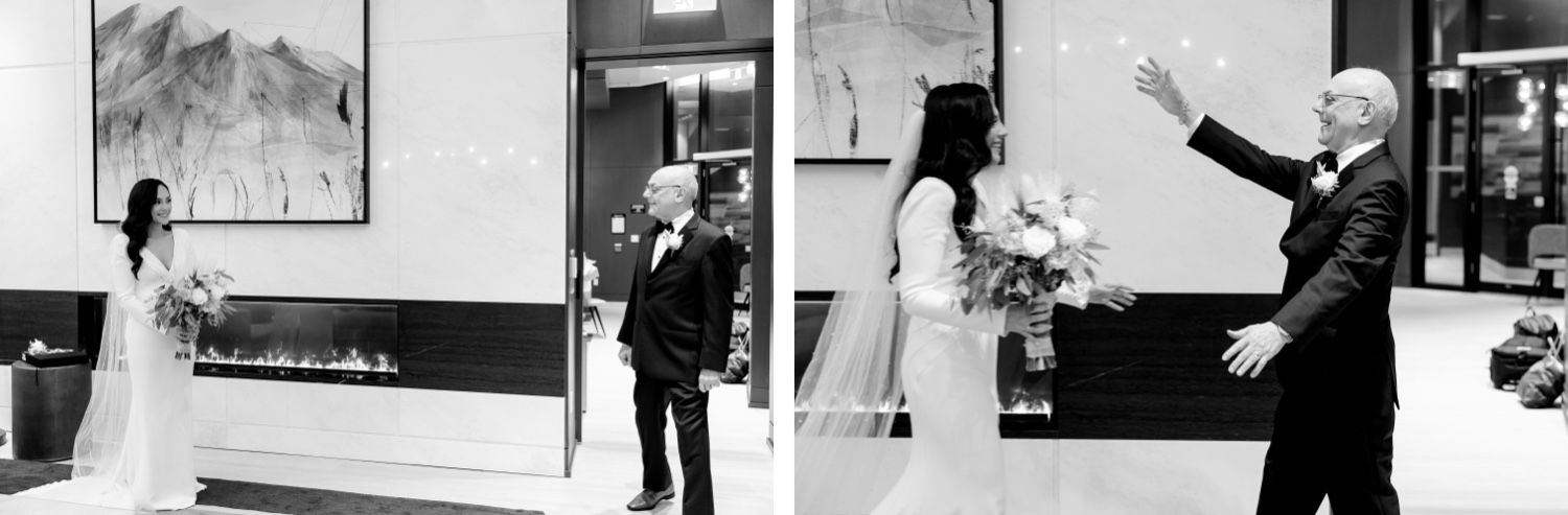 Black and white photos capture emotional first look reactions during wedding ceremony.