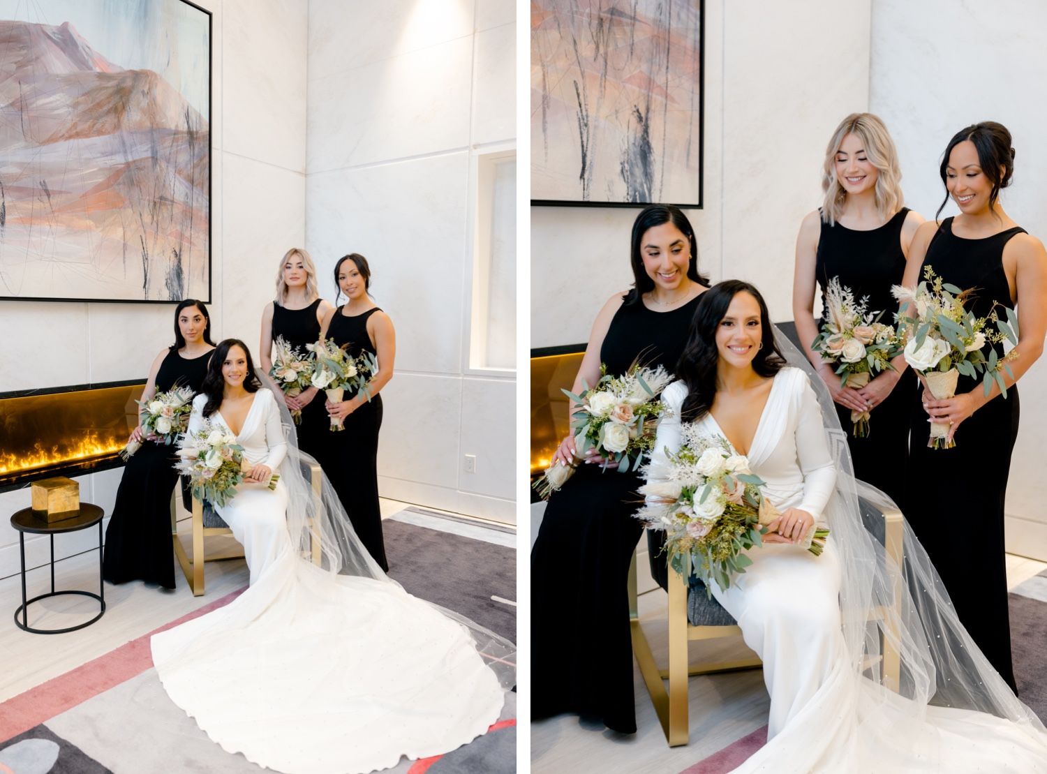 Wedding party in black dresses poses with bride in elegant white gown against modern art backdrop.