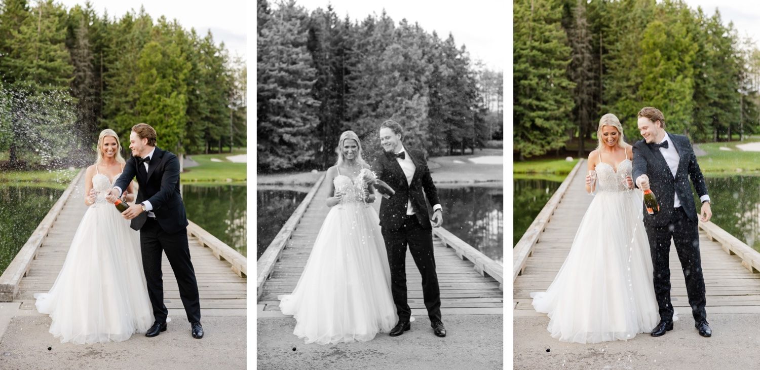 Three wedding photos side by side showing a couple celebrating on a dock, including a black and white center image.
