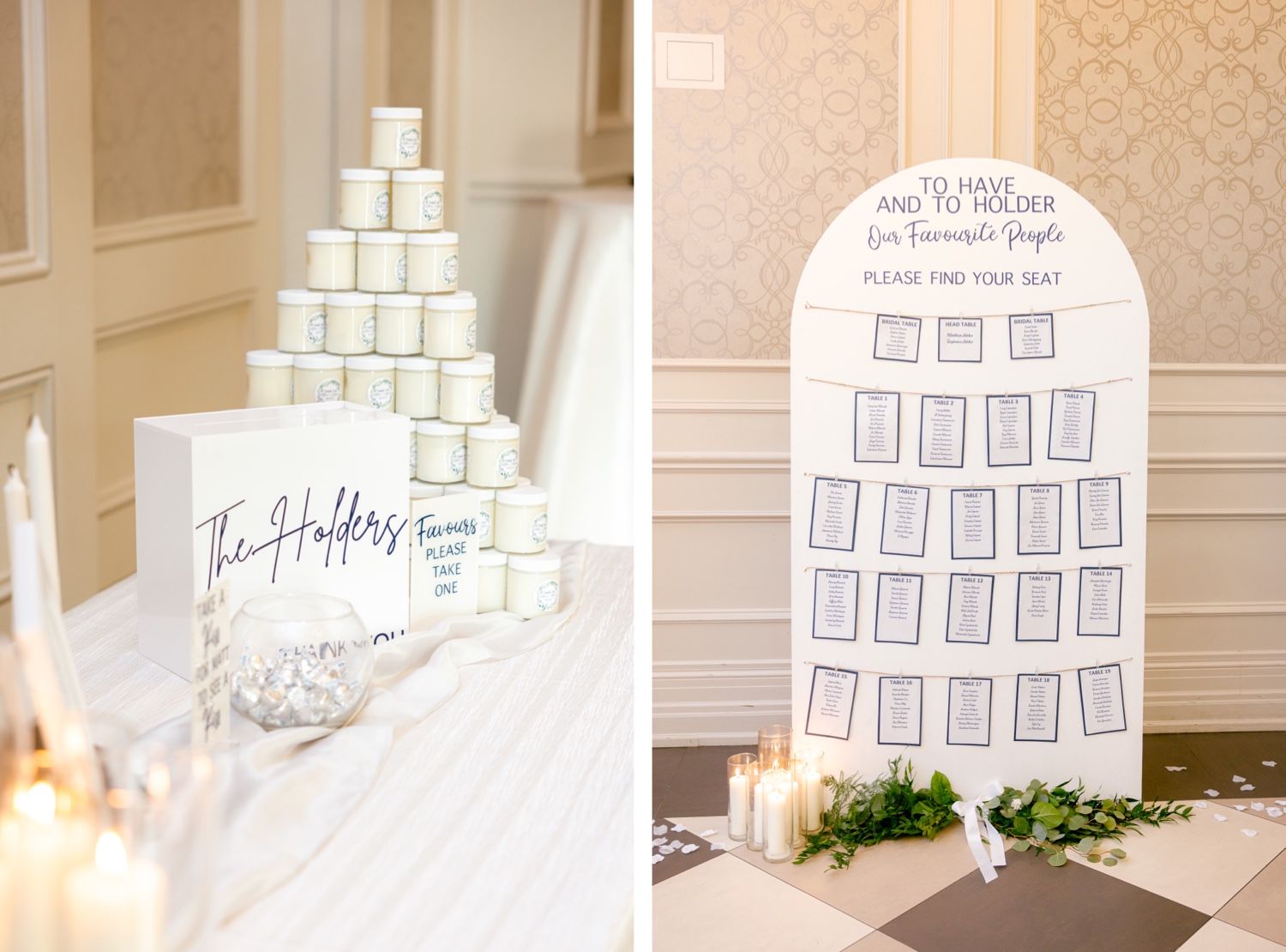 Creative wedding seating chart display and champagne tower arrangement on white tablecloth.