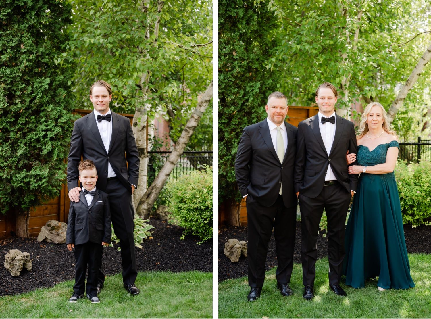 Formal wedding party photos taken in landscaped garden with black mulch and greenery.