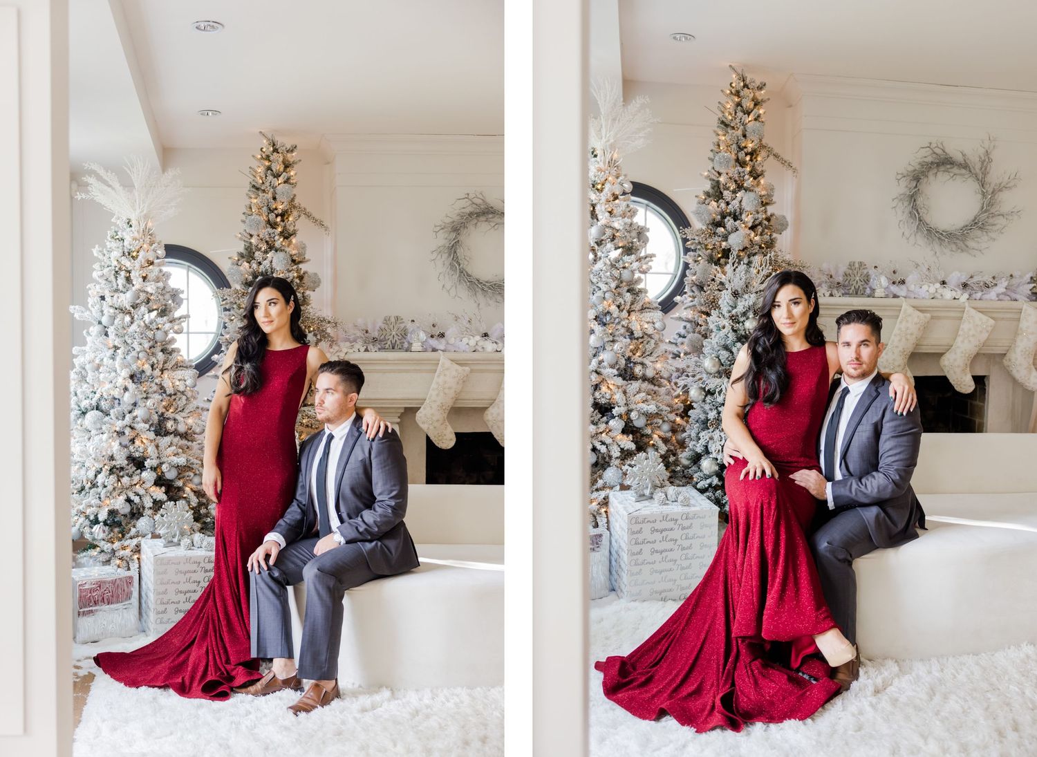 Elegant couple poses in formal attire against flocked Christmas trees in white winter decor setting.