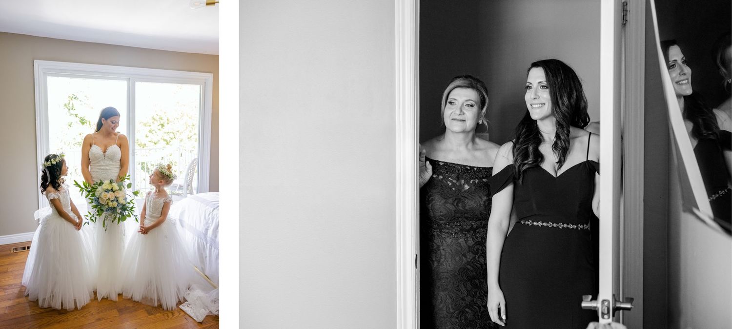 Wedding dress preparations in a sunlit room with natural light streaming through the window.