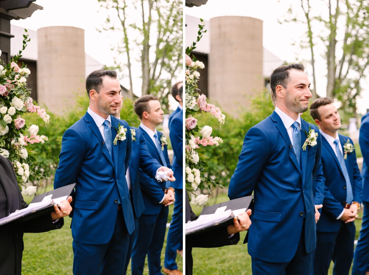 Groomsmen in matching navy blue suits share joyful reactions during outdoor wedding ceremony.