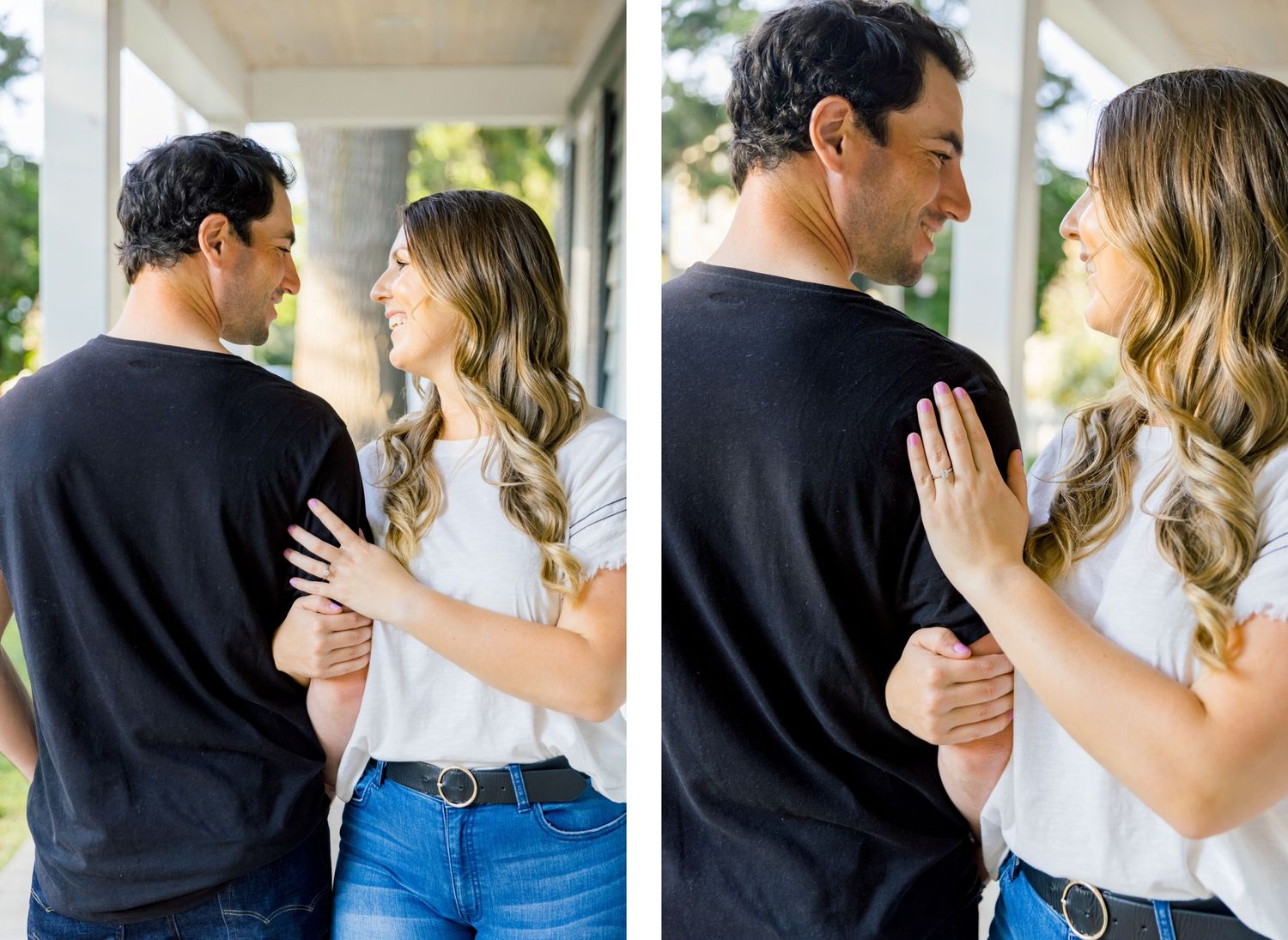 A romantic moment shared between a couple under a wooden porch ceiling.