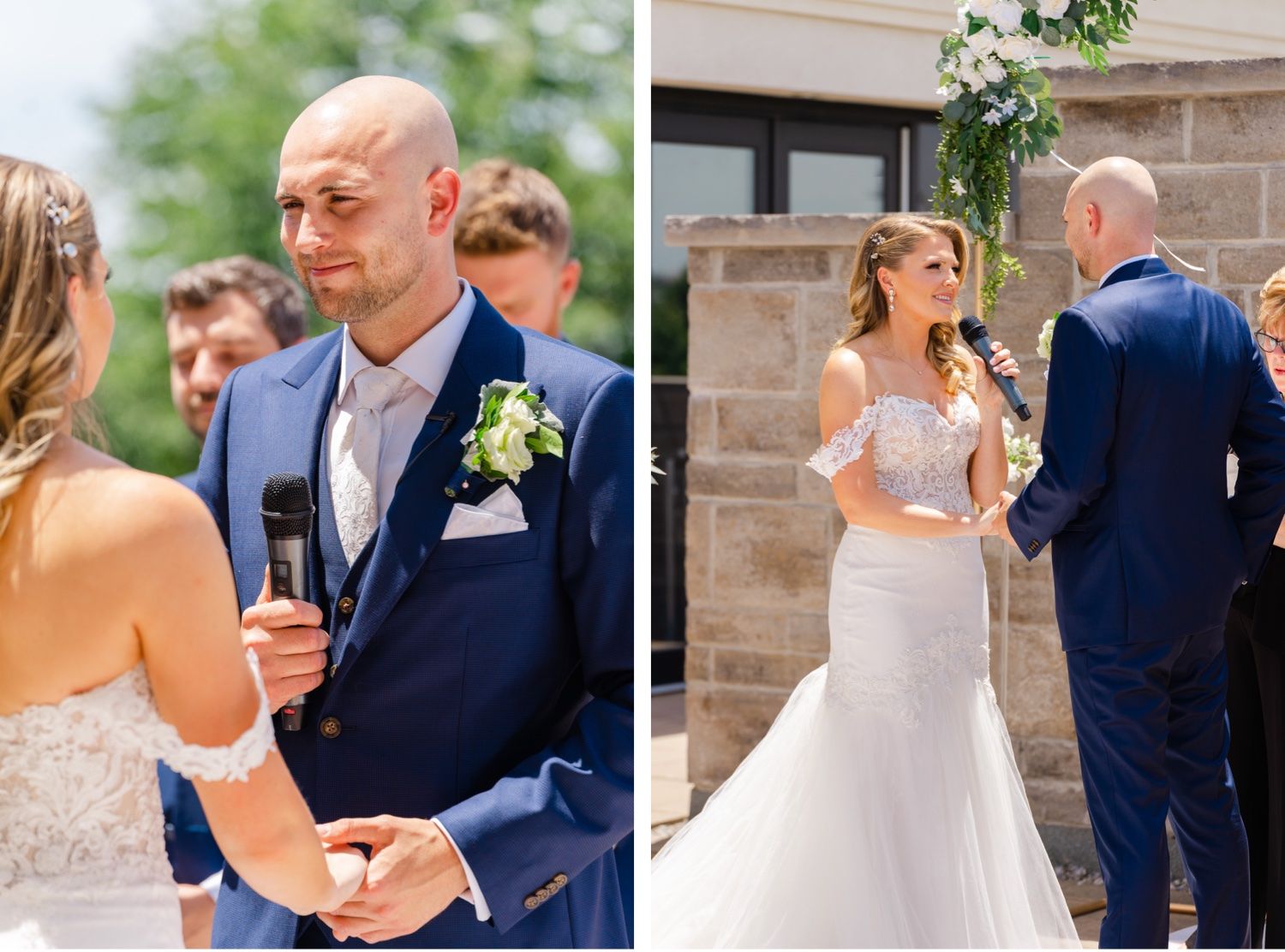 Candid moments from a wedding ceremony showing loving exchanges between a couple in formal attire.
