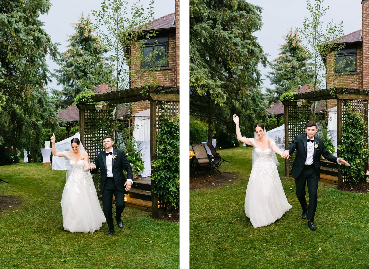 Wedding couple poses and celebrates on the lawn outside a beautiful brick house with evergreen trees.