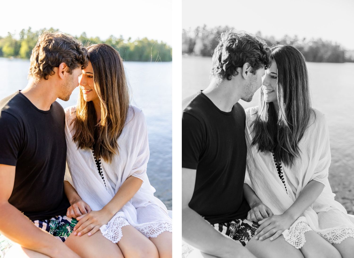 Romantic couple in contrasting black and white outfits share intimate moment on boat at sunset.
