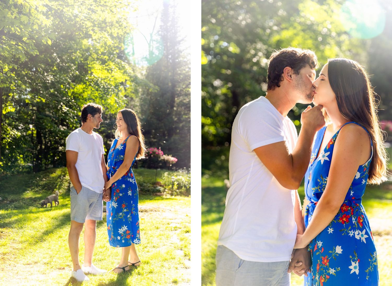 Couple sharing romantic moments in a sunlit garden, wearing casual summer outfits.