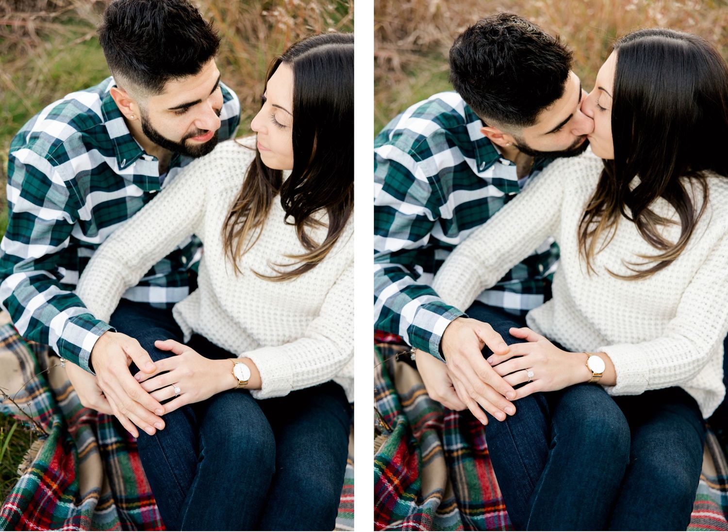 Close-up shots of tender moment between couple in matching white and plaid outfits.
