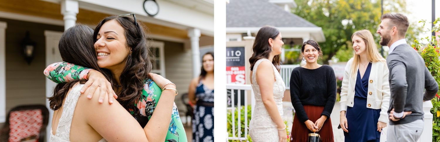 Side-by-side images showing emotional moments at an outdoor celebration.