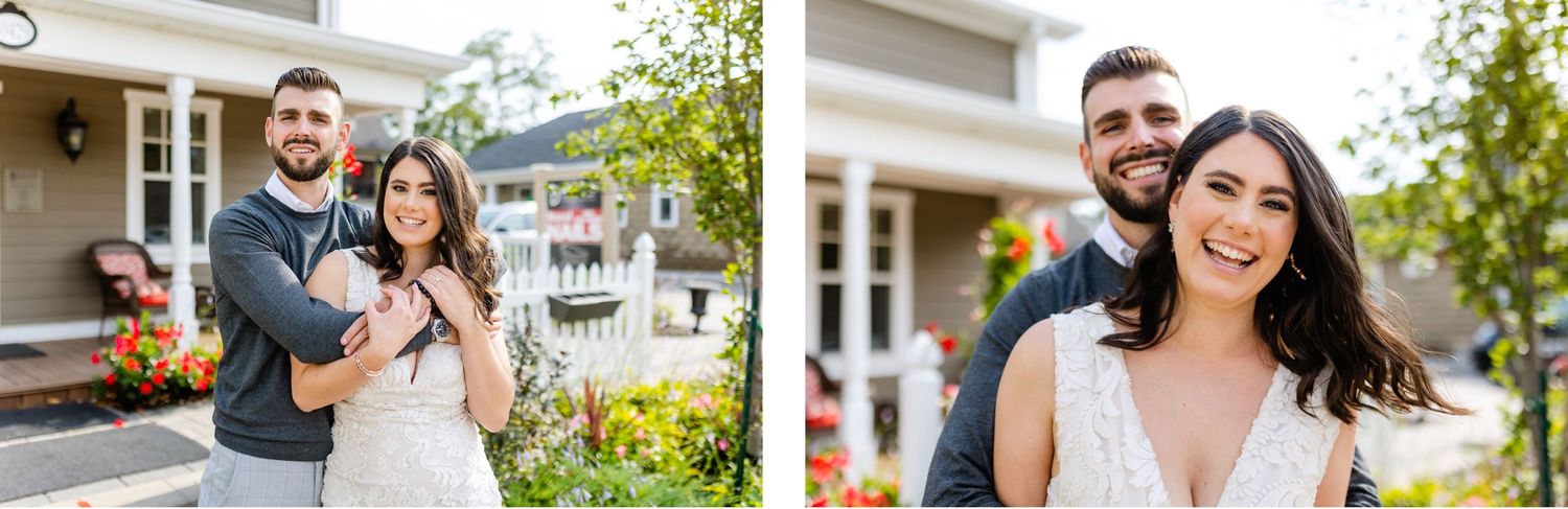 A happy couple shares romantic moments in a garden setting with autumn decorations.