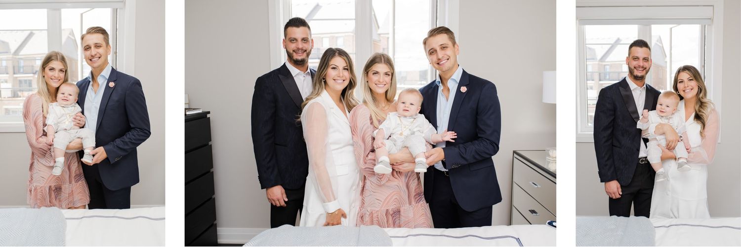 Collection of formal group photos in bright modern interior setting.