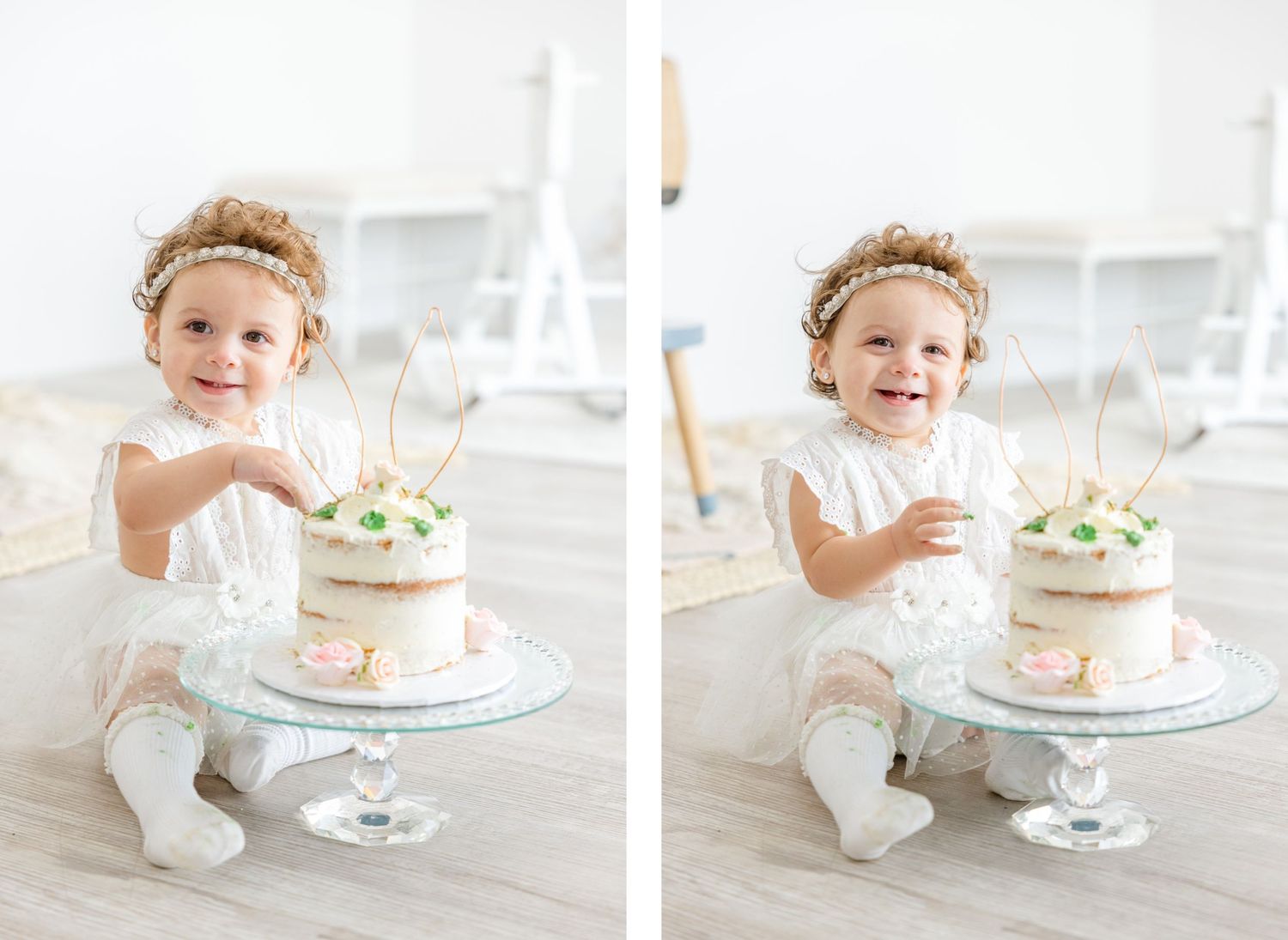 Side by side photos show a child clapping hands near an elegant cake with bunny ear decorations.