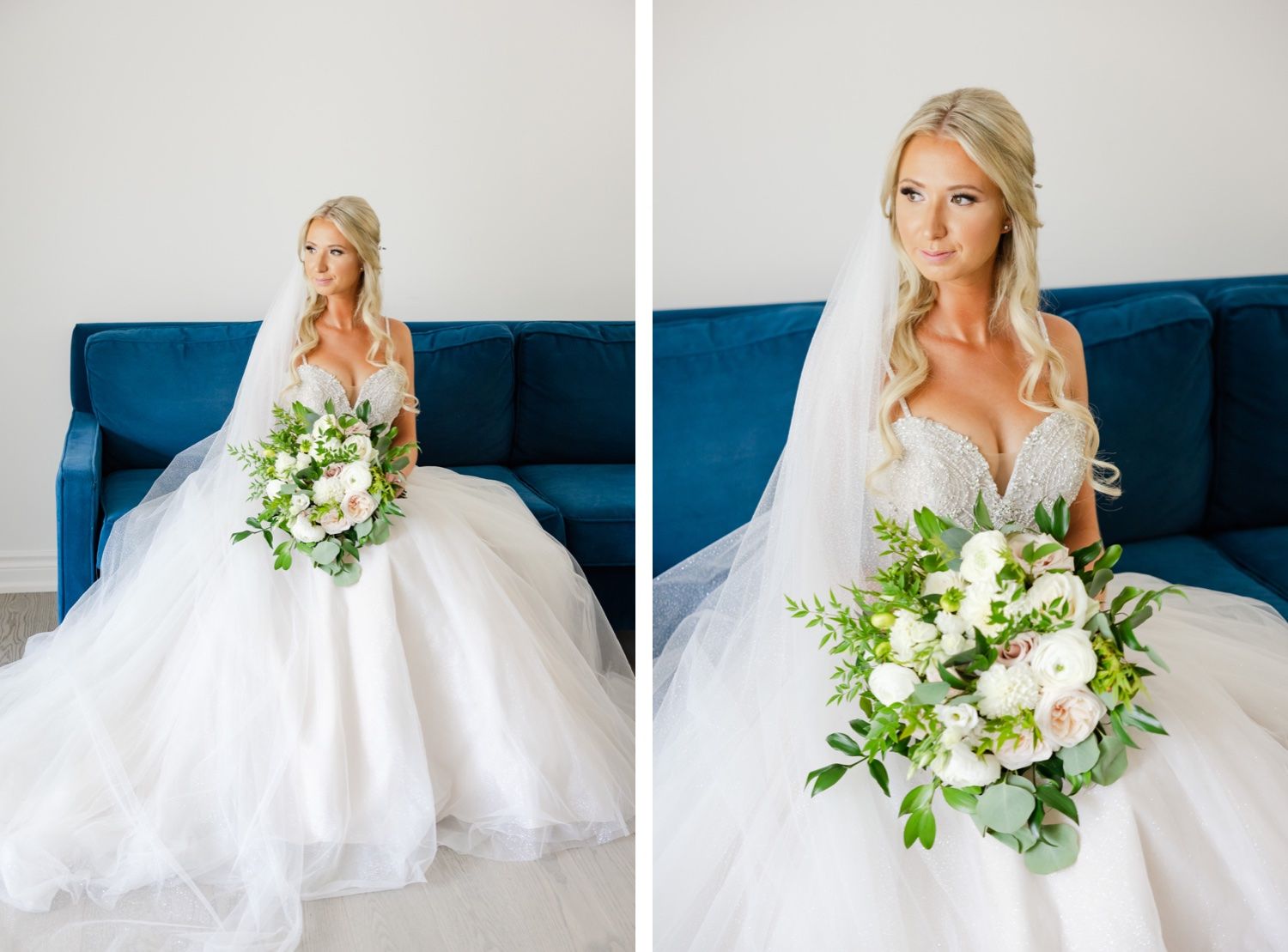Side-by-side portraits of bride in voluminous white gown seated on blue velvet couch.