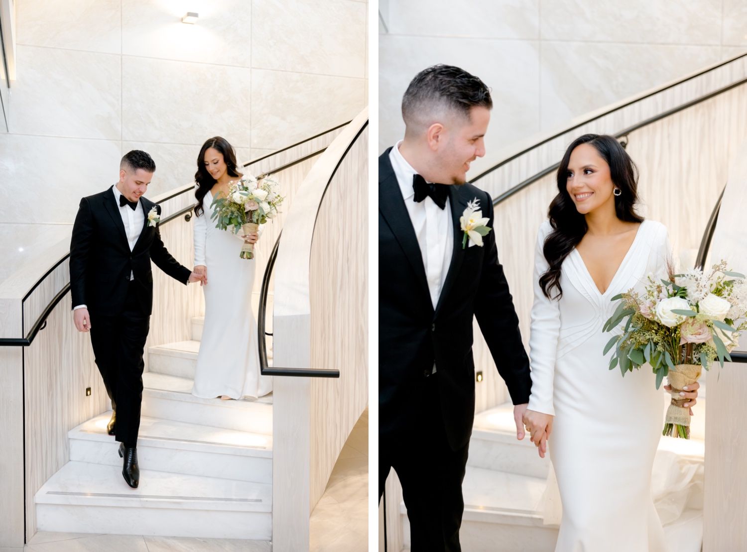 Wedding couple descending and walking together on elegant white marble staircase.
