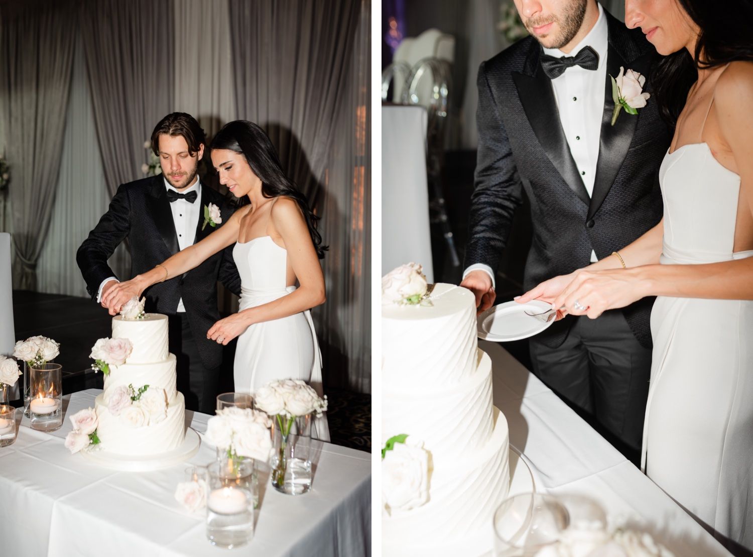 Couple cuts their elegant white wedding cake decorated with fresh flowers.