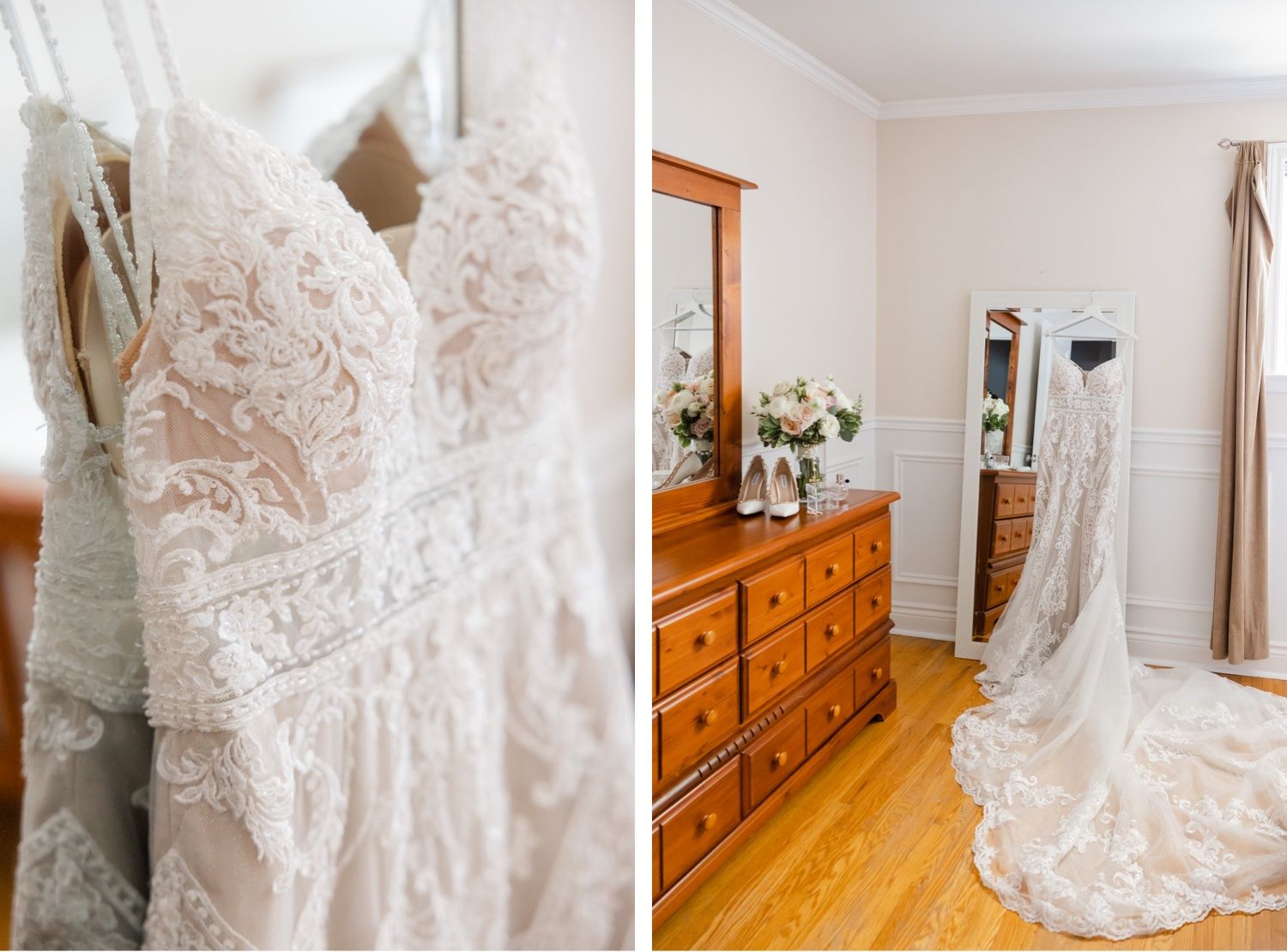 Lace wedding dress detail and full-length view displayed in bedroom with wooden furniture.