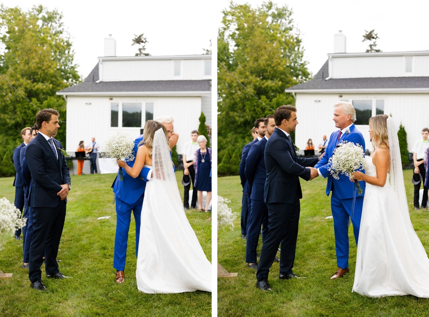 Wedding ceremony participants share emotional moments in a casual outdoor setting.
