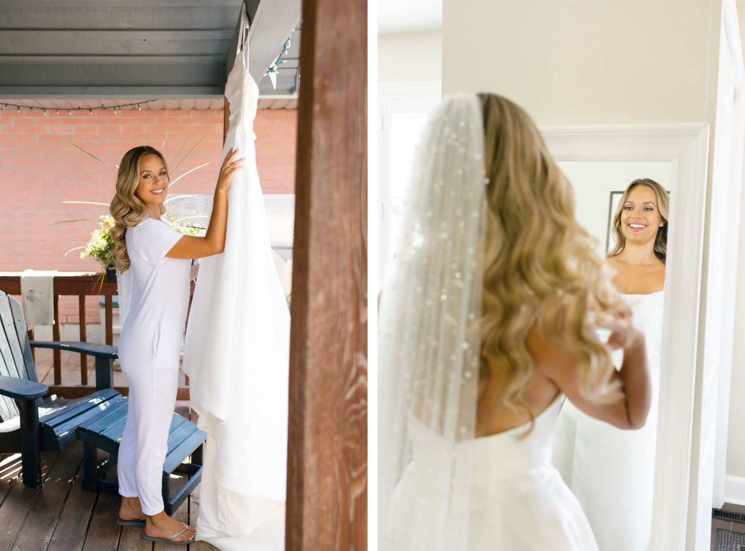 Split image of wedding preparation scenes in bright interior spaces.