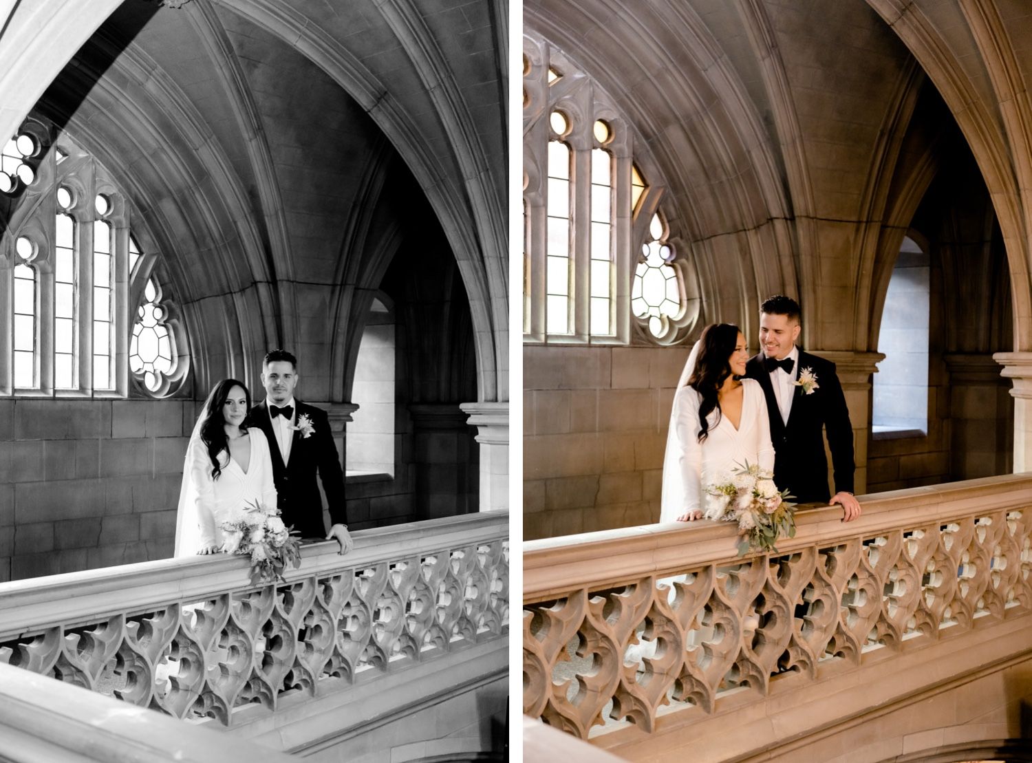 Side-by-side wedding photos in color and black-and-white showing Gothic architectural details.