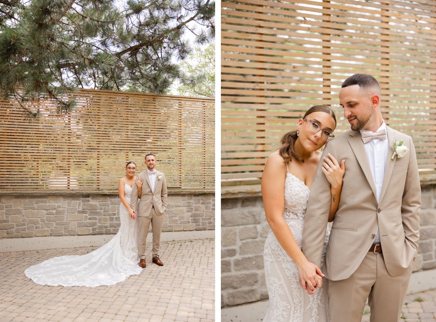 Wedding couple portraits showing romantic poses against a modern wooden slat wall background.