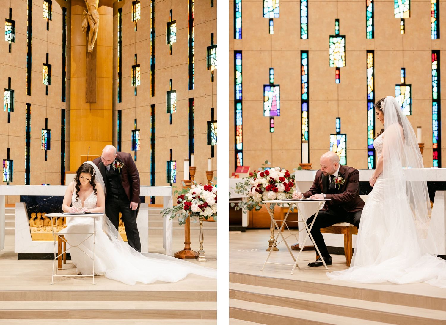 Modern church interior featuring vertical stained glass windows and tiered altar steps.