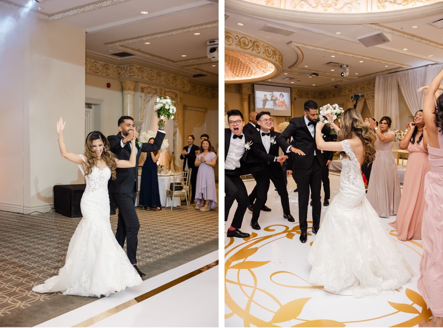 Celebratory dance moments at a wedding reception with elegant ballroom decor.