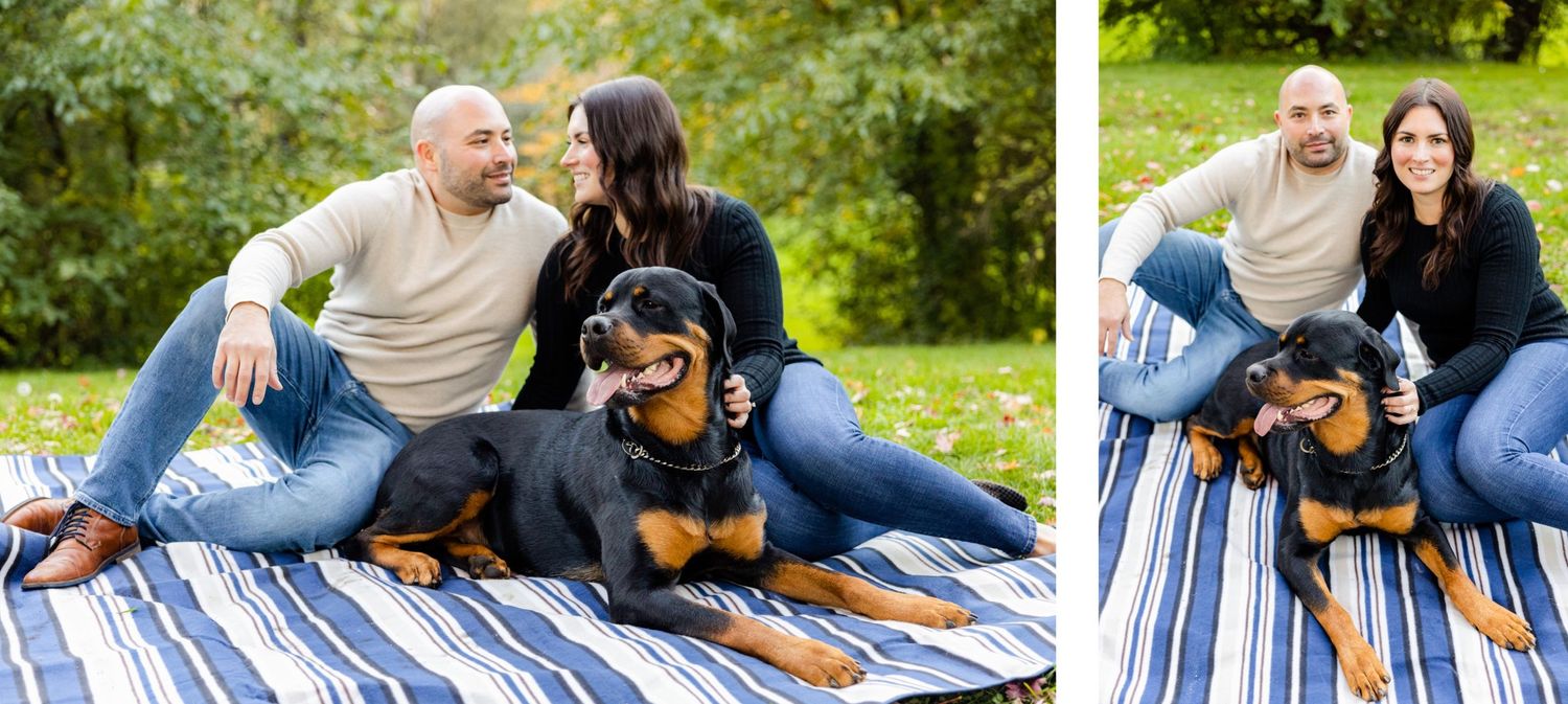 Two photos of couple lounging with Rottweiler dog on blue striped blanket outdoors.