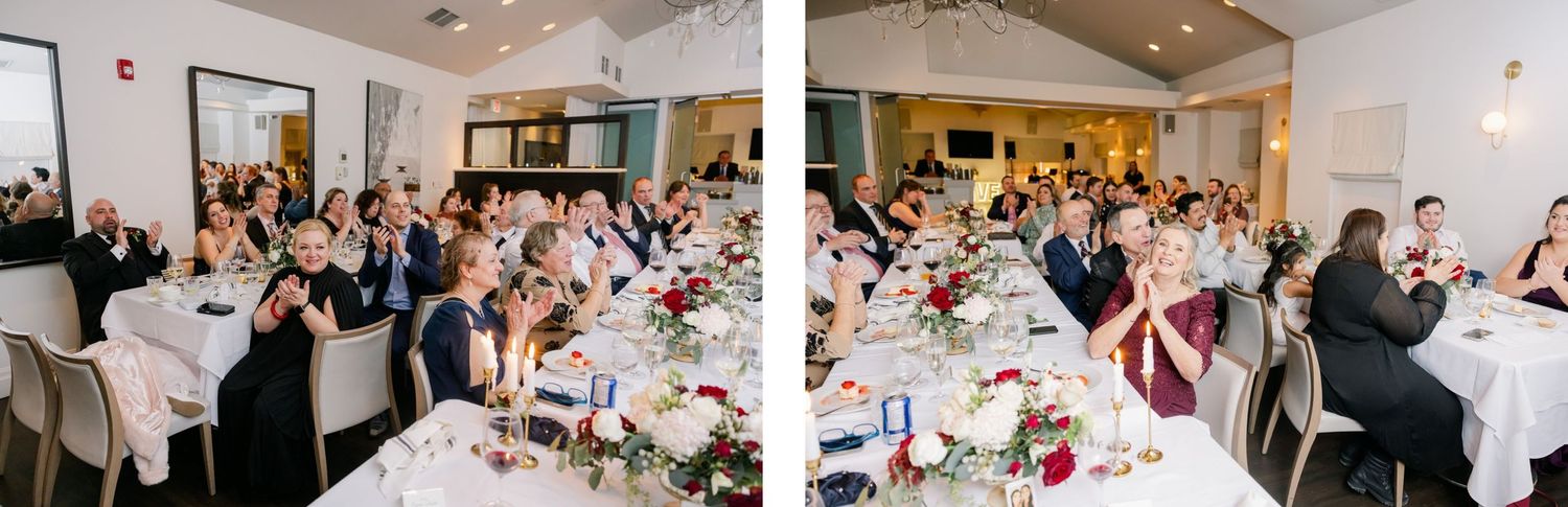 Large reception hall filled with wedding guests seated at decorated tables for dinner celebration.