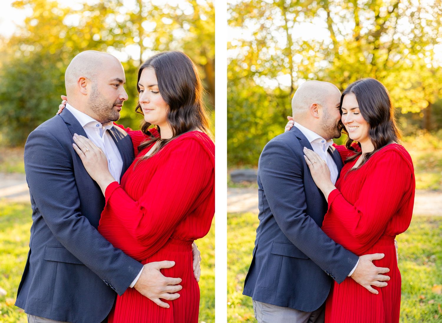 A romantic couple in a navy suit and red dress embrace against a backdrop of golden autumn trees.