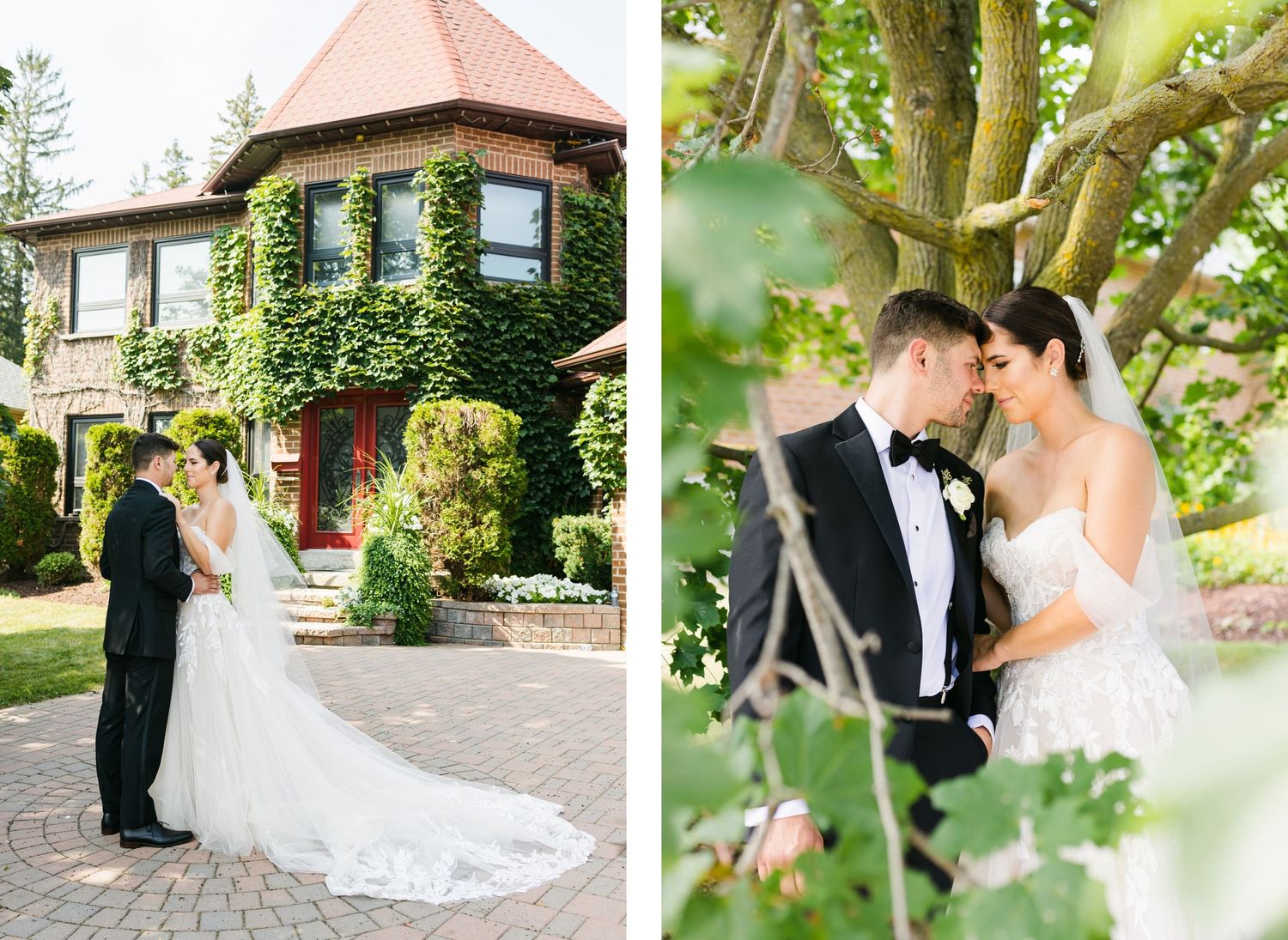 Wedding couple poses in front of a vine-covered brick mansion with a turret and red door.