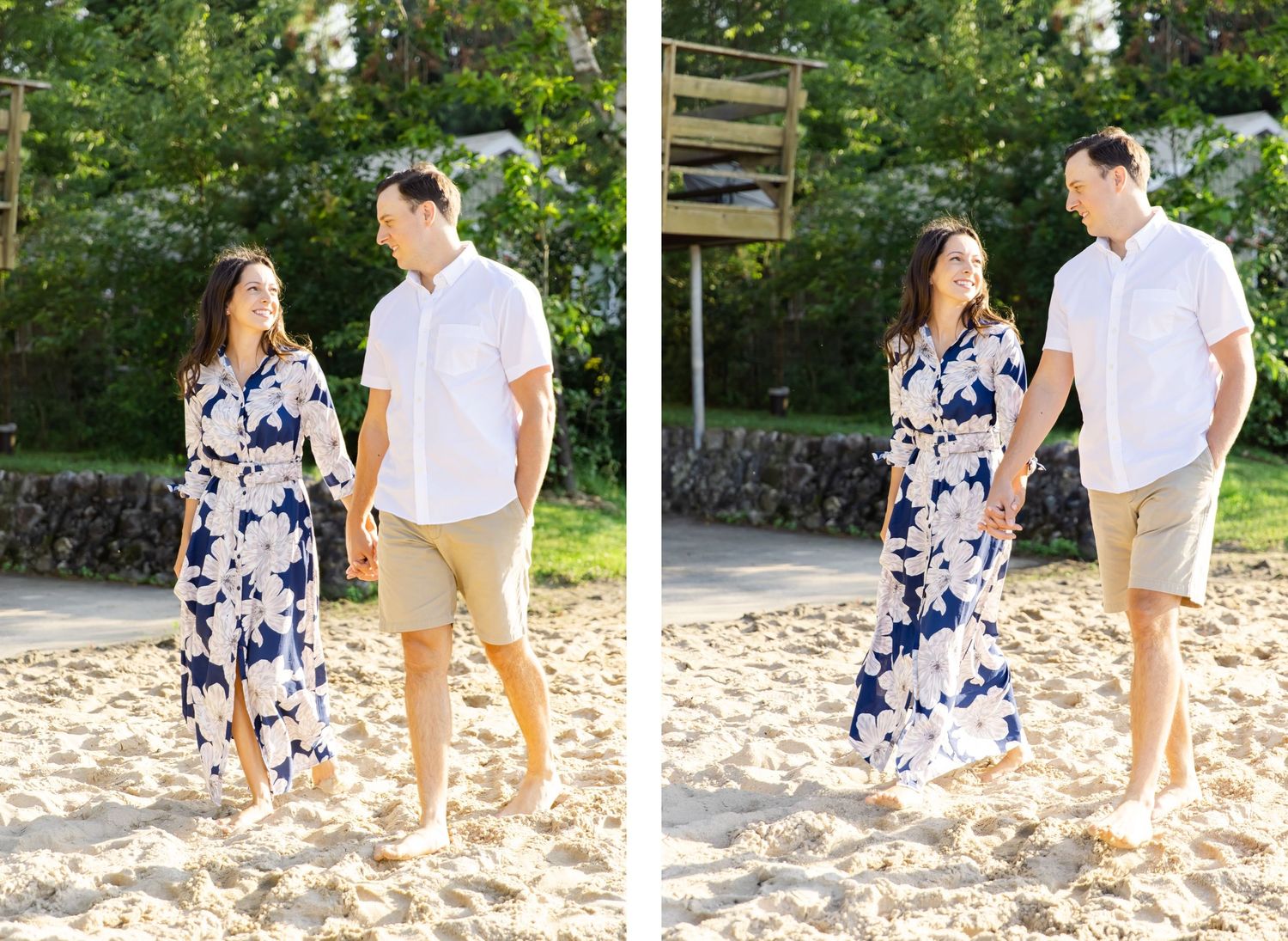 Two photos of couple walking barefoot on beach in summer outfits with trees in background.