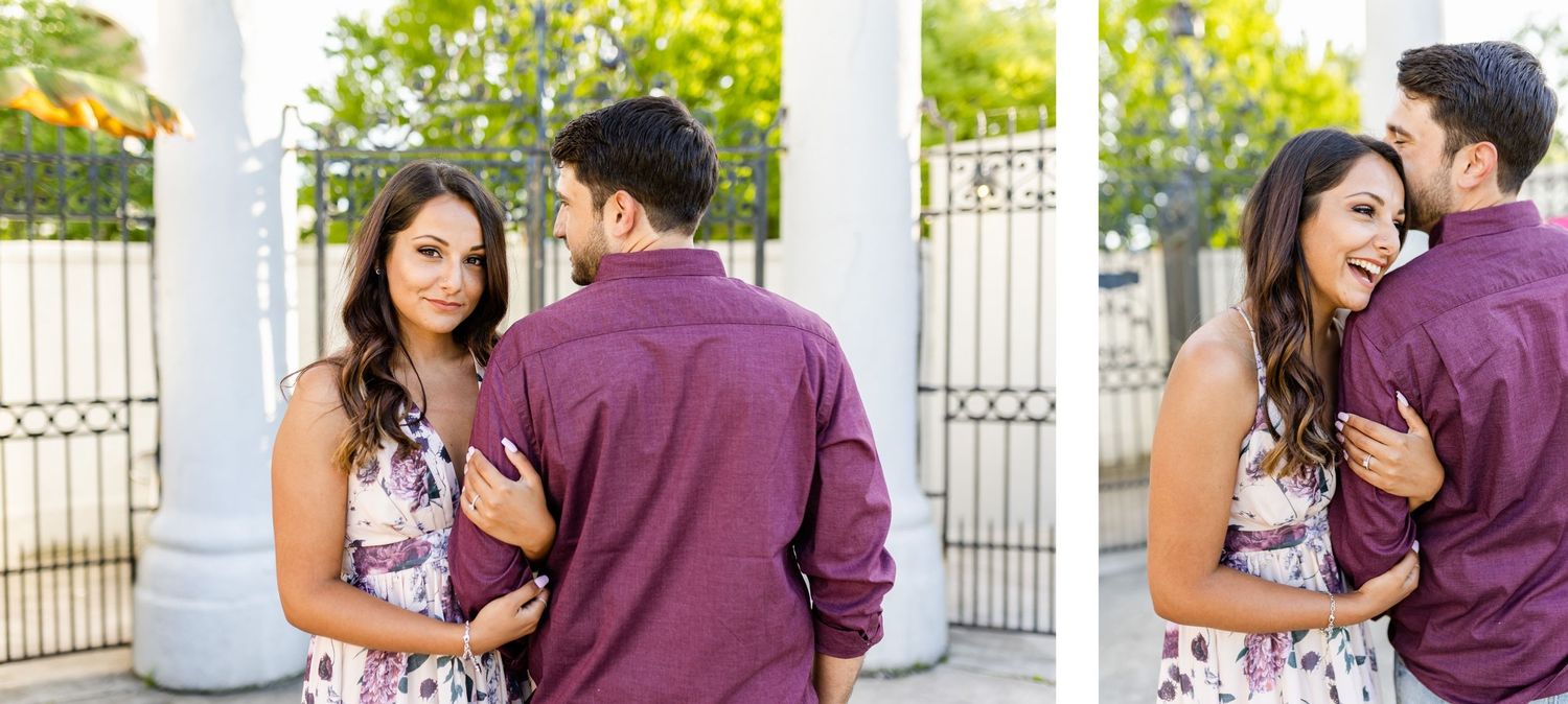 Sweet candid moments captured between couple in floral dress and burgundy shirt.