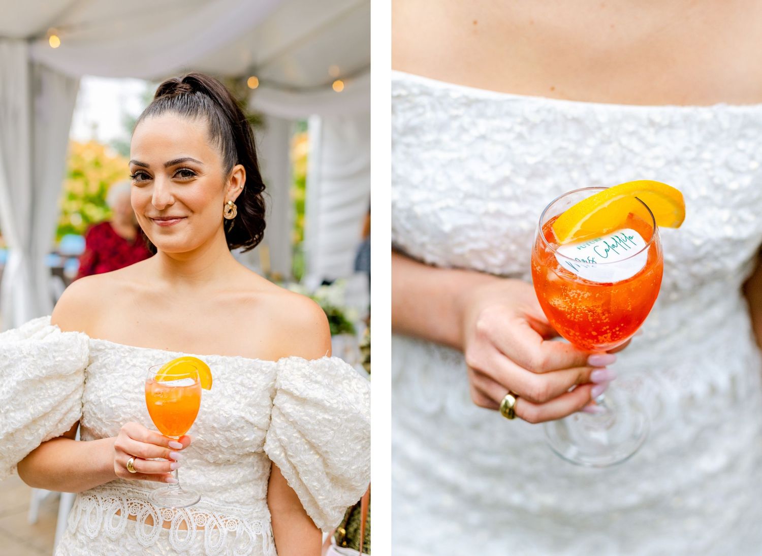 Close up shots of orange cocktail and white lace dress details at outdoor event.