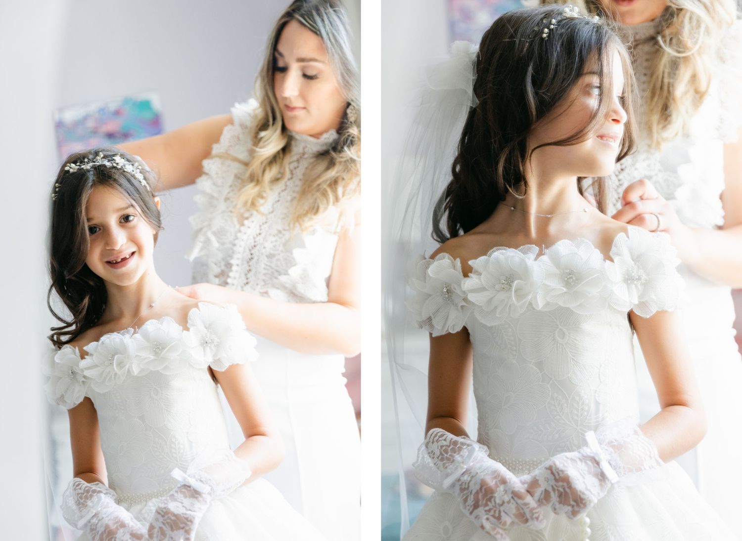 Intimate getting ready moments captured in soft white tones.