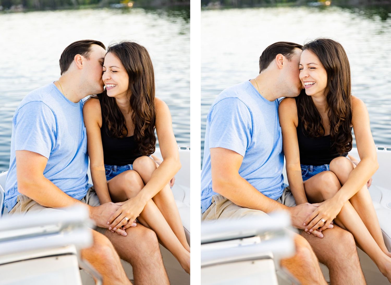 A couple shares loving moments on a boat deck with matching expressions in split photo.