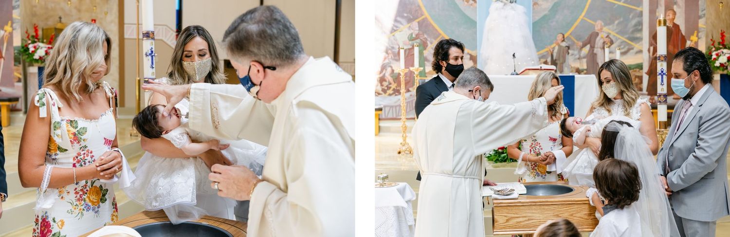A priest performs a religious ceremony during a christening service in a church.