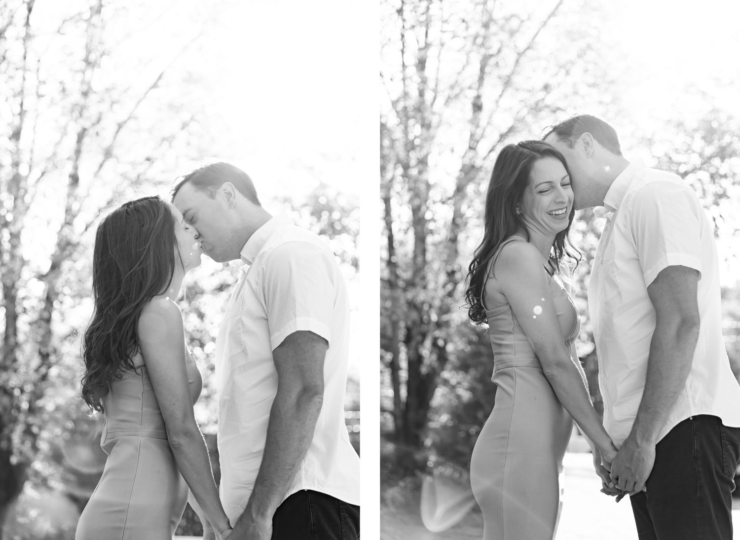 Black and white photos of couple sharing intimate moments outdoors.