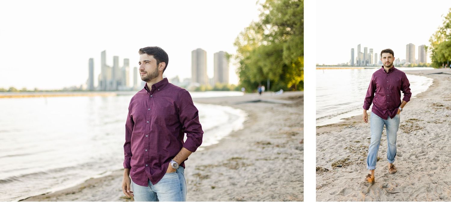 Two side-by-side photos of a man in a burgundy shirt posing on a beach.