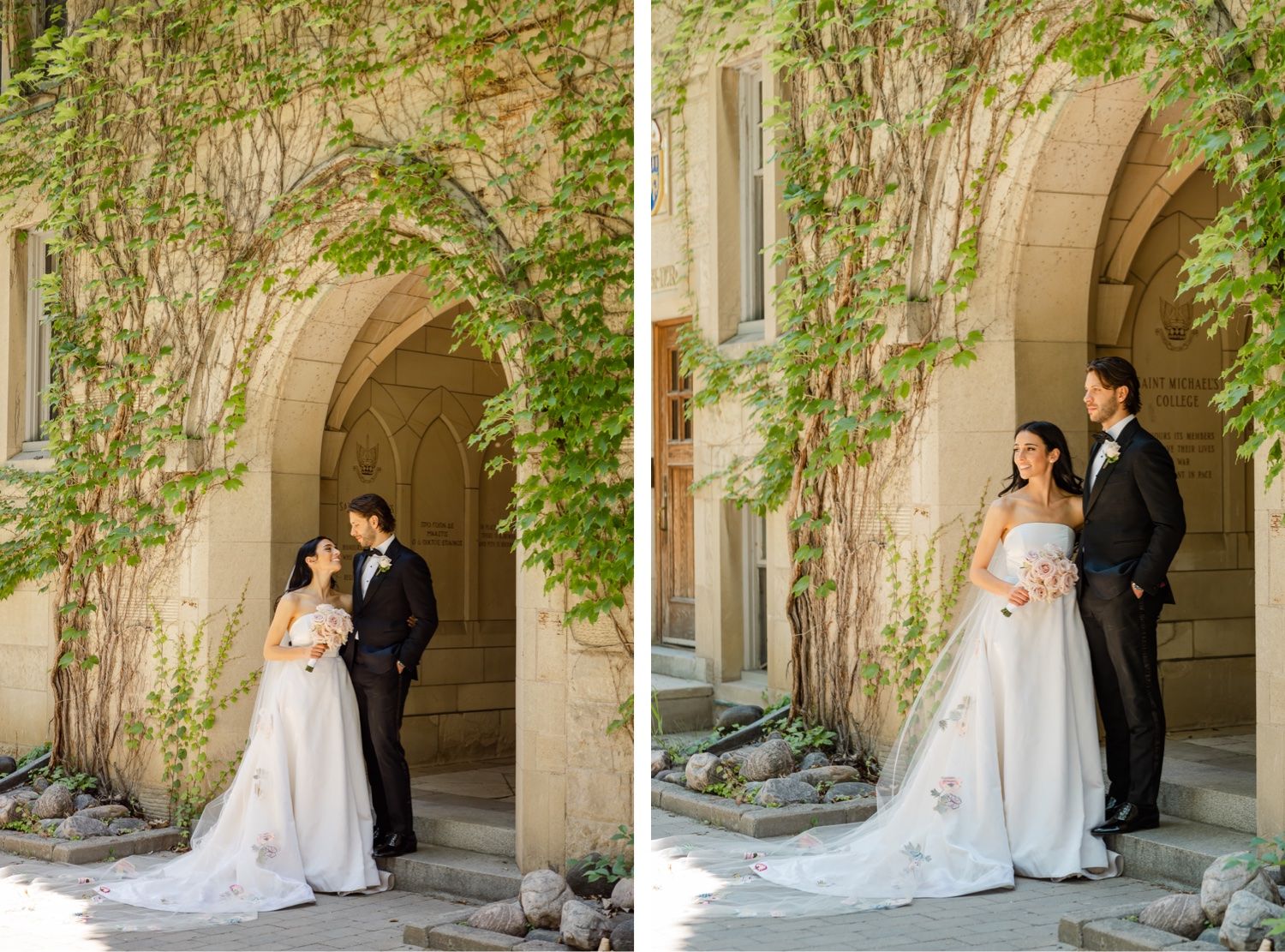Two elegant wedding portraits side by side at ivy-covered stone building entrance.