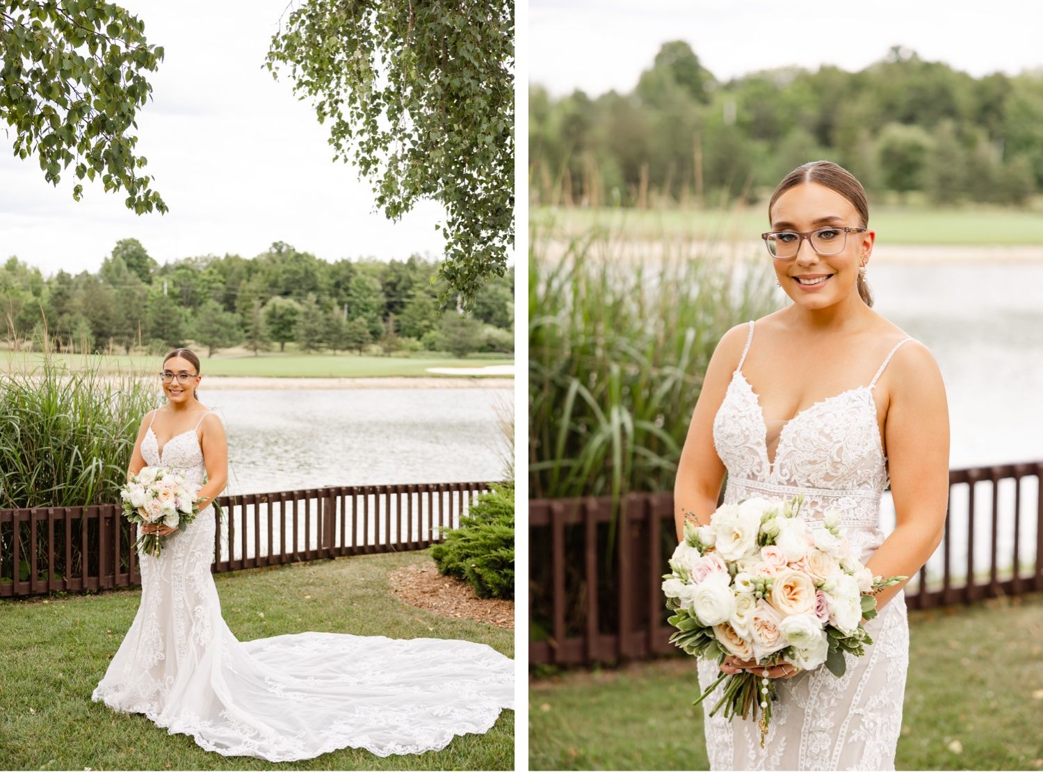 Bride poses with white bouquet by lakeside deck wearing fitted lace gown with cathedral train.