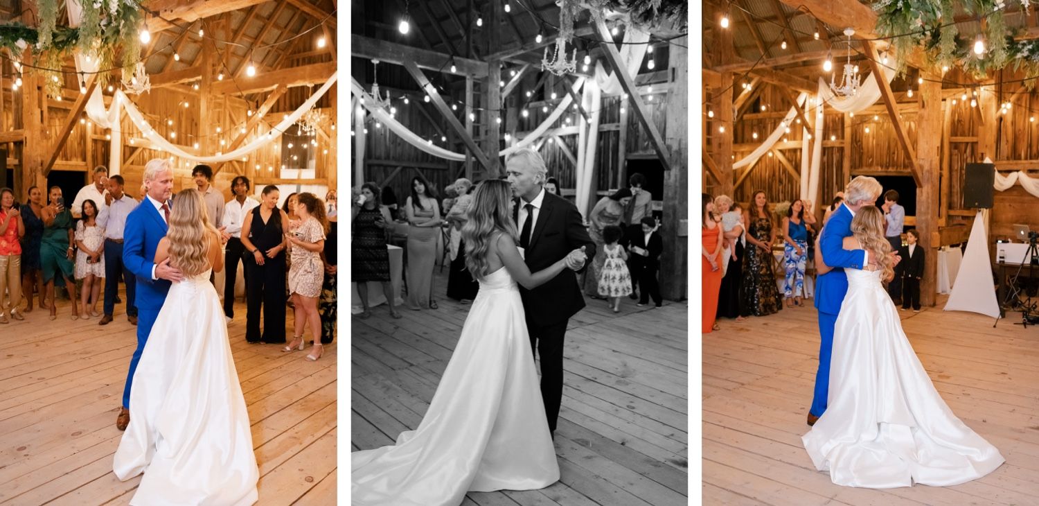 Three photos showing a couple's first dance in a rustic barn venue with string lights.