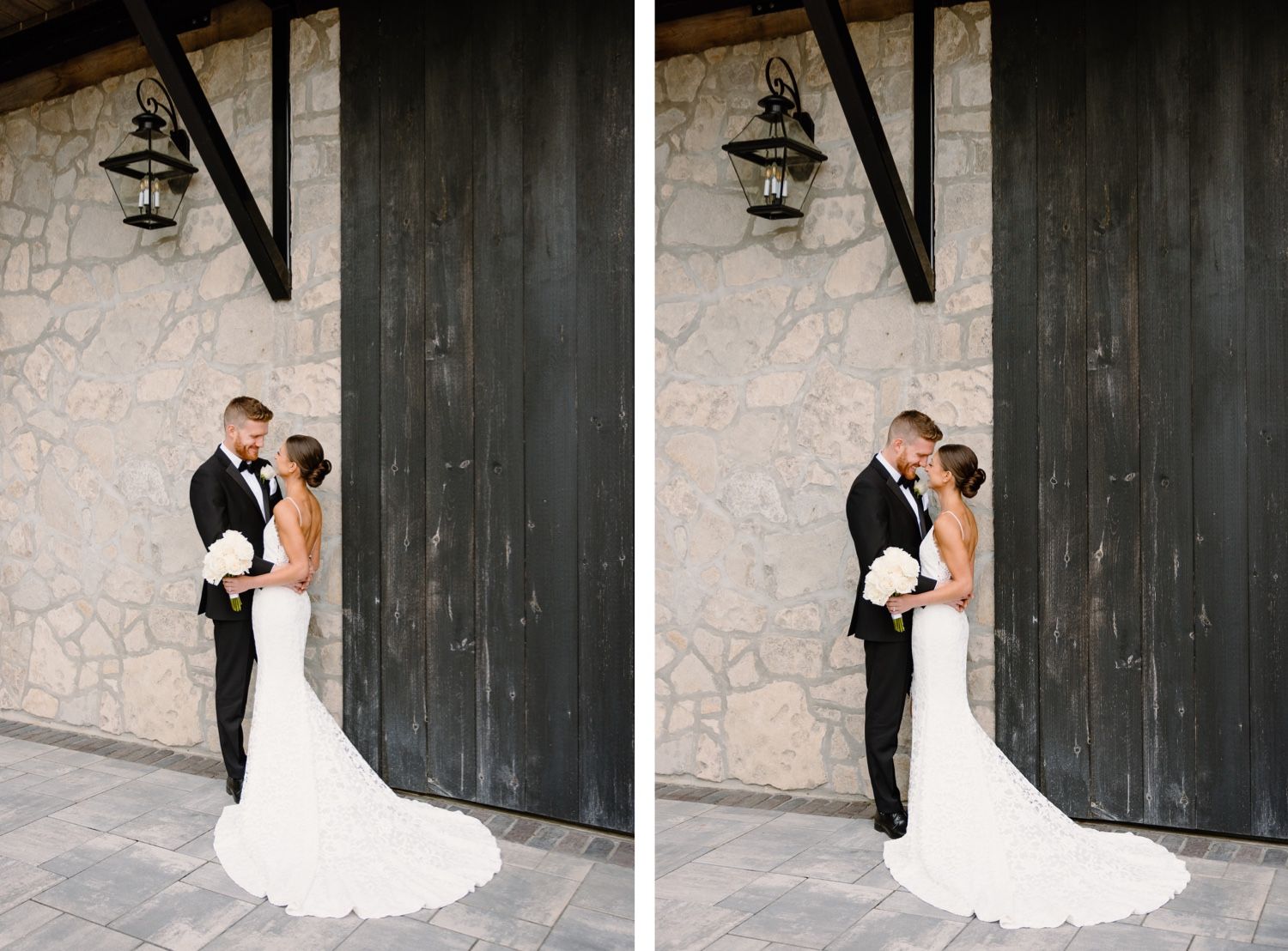 Duplicate romantic wedding portraits against stone wall and wooden door.